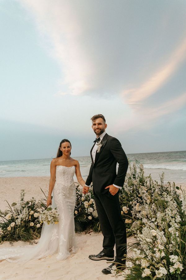 Audrey & Jorge at their sunset beach ceremony at Casa Carolina