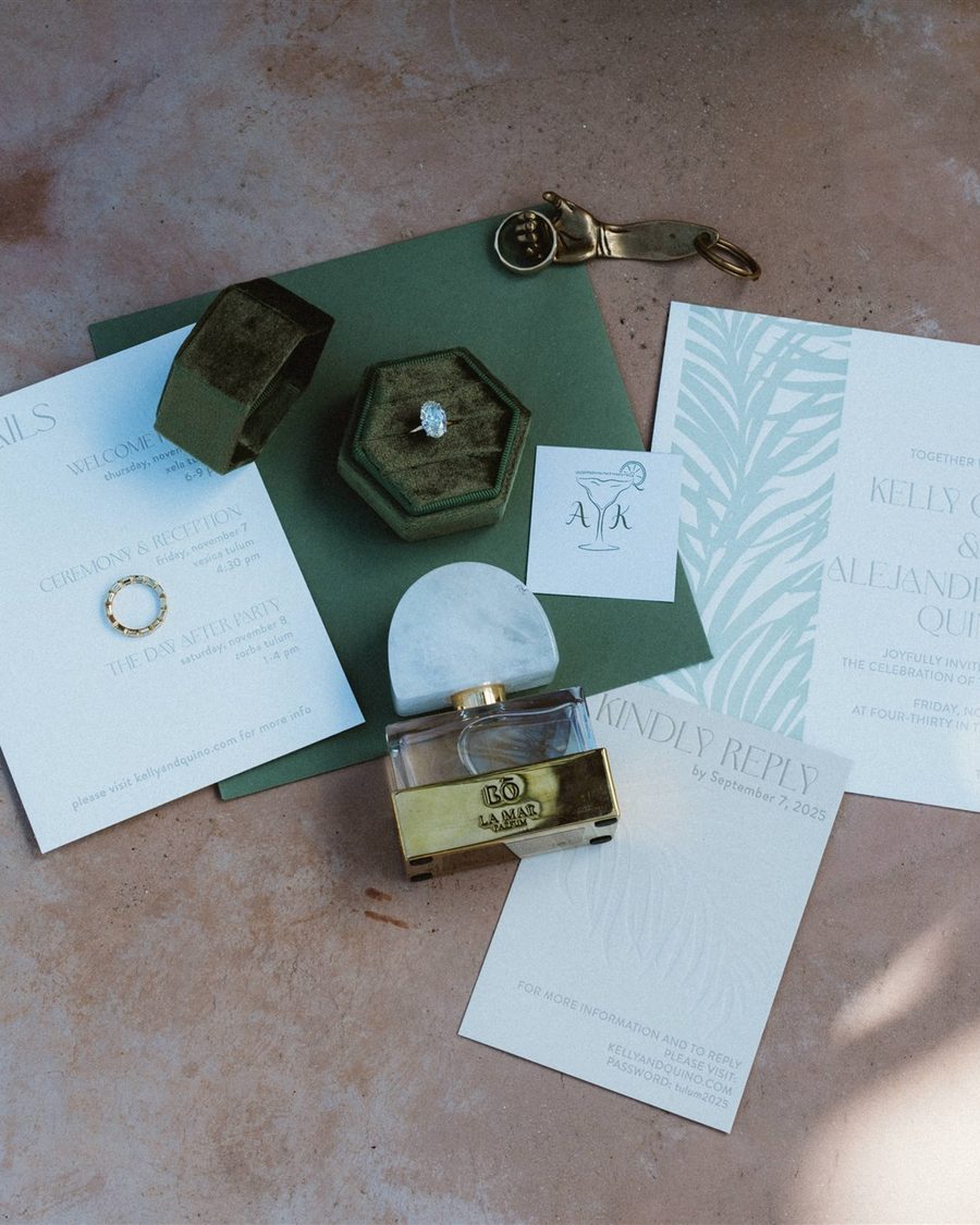Wedding invitation suite and rings